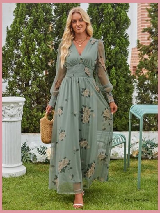 Floral Maxi Dress V Neck Puff Long Sleeve Flowy Casual Wedding Guest - Picture 3 of 7